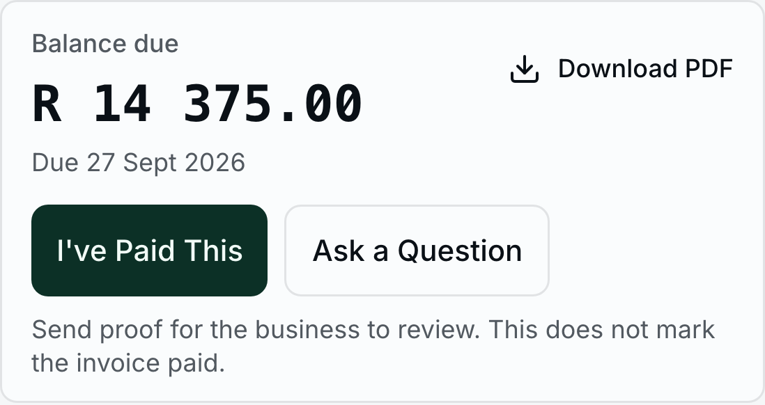 The customer's invoice balance and payment actions.