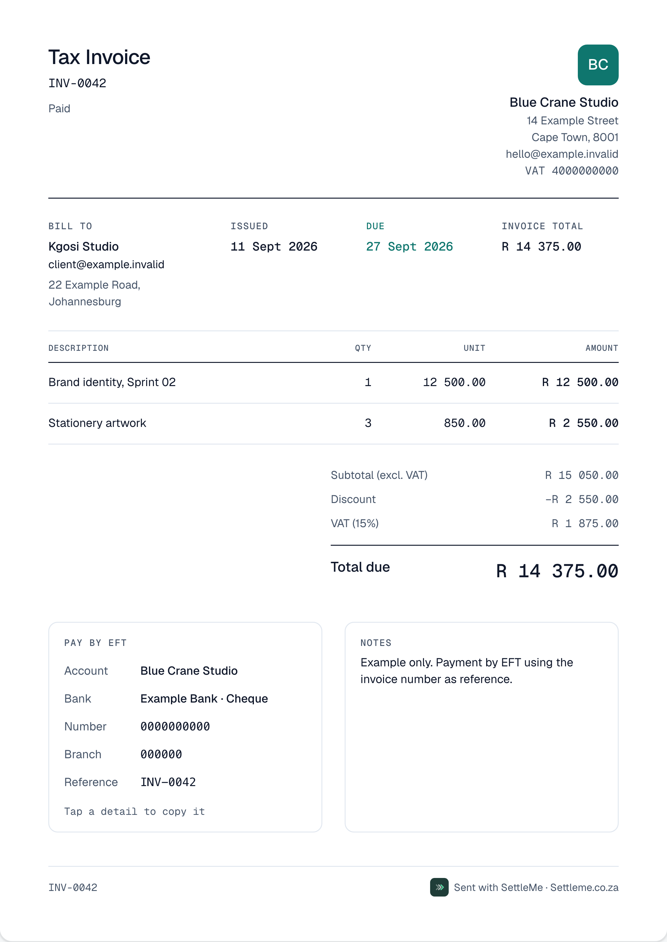 A fictional paid Blue Crane Studio tax invoice rendered by SettleMe, with itemised work, VAT, banking details and the business's branding.